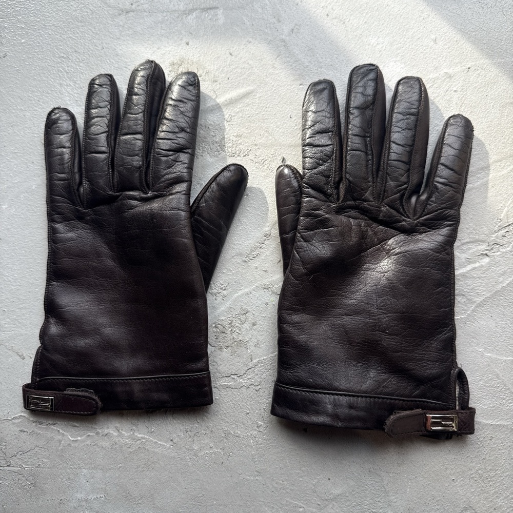 Fendi Cashmere Lined Brown Leather Gloves